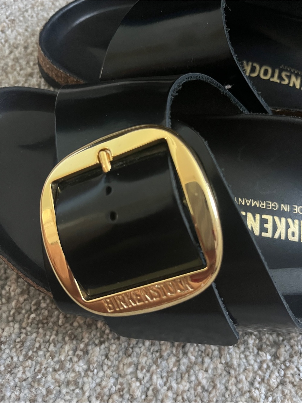 Birkenstock Black Gloss Single-Buckle Slide Sandals with Gold Buckles - Picture 4 of 4